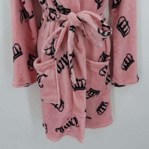 Juicy Couture L/XL Extra Large Pink Black Logo Crown Plush Bathrobe Robe NEW - Picture 3 of 11